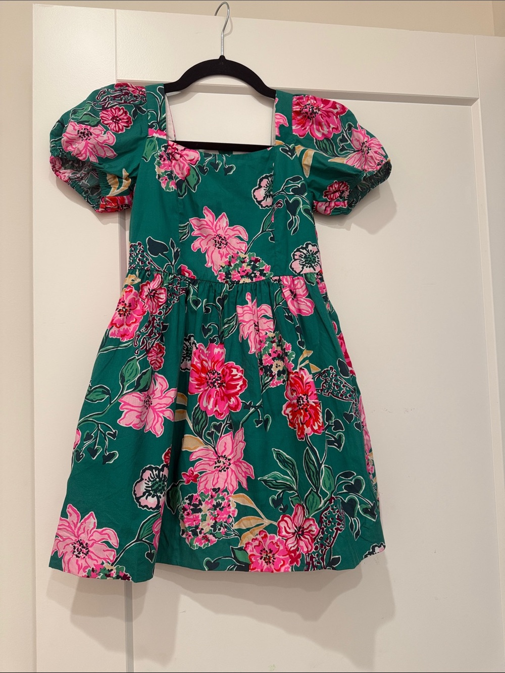 Lilly Pulitzer- Girls' Green Floral Puff-Sleeve Dress - Pink Bloom